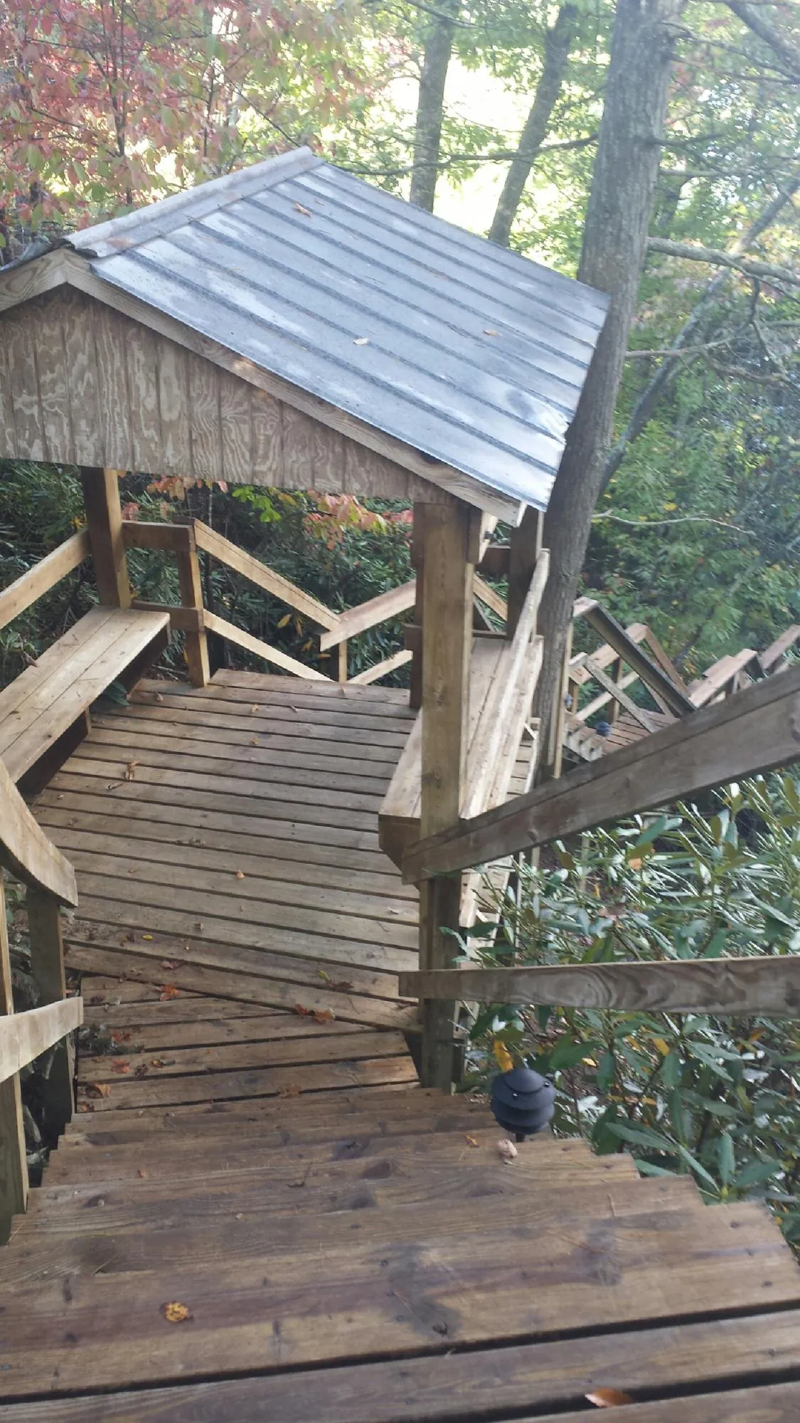 Metal roofed shelter over wooden steps on a wooded walkway — Skylight Repair & Installation work by our crew in Moneta